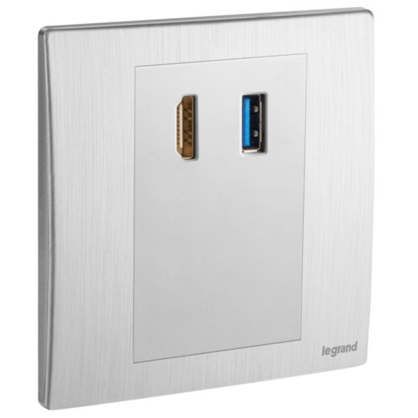 Mallia Senses - HDMI socket outlet with USB A data socket transfer - Brushed Aluminium