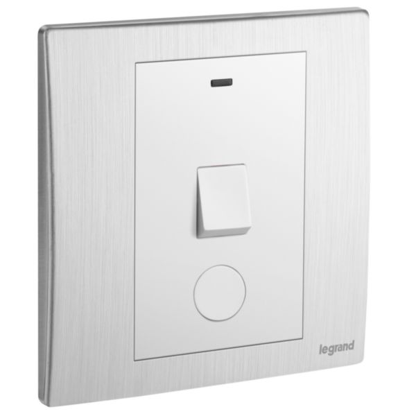 Mallia Senses - 1 gang 1 way double pole switch 20AX with LED indicator and earth terminal cable outlet - Brushed Aluminium