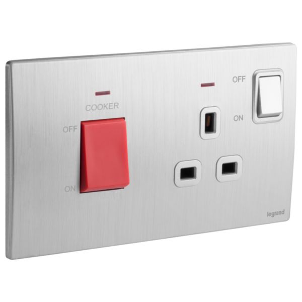 Mallia Senses - 2 gang cooker unit control 45A with BS socket outlet 13A - Brushed Aluminium