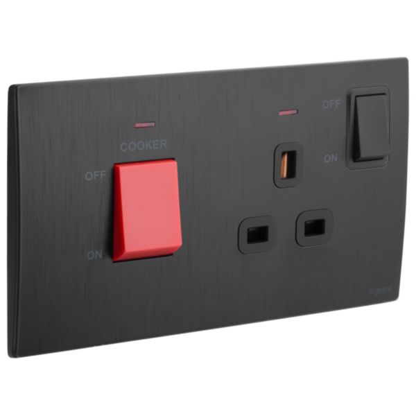 Mallia Senses - 2 gang cooker unit control 45A with BS socket outlet 13A - Brushed Black